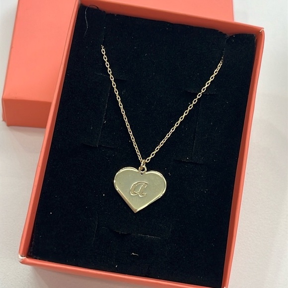 Brand New 14K Gold Plated Sterling Silver Heart Necklace Engraved Monogram "A" - Picture 2 of 16